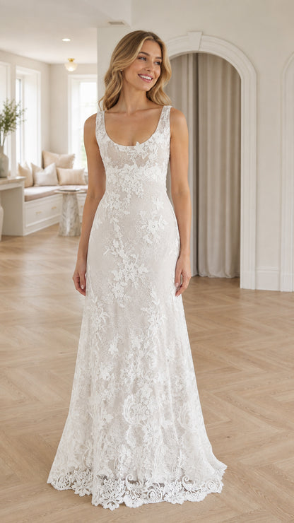 Front view of model wearing white floral lace formal long dress
