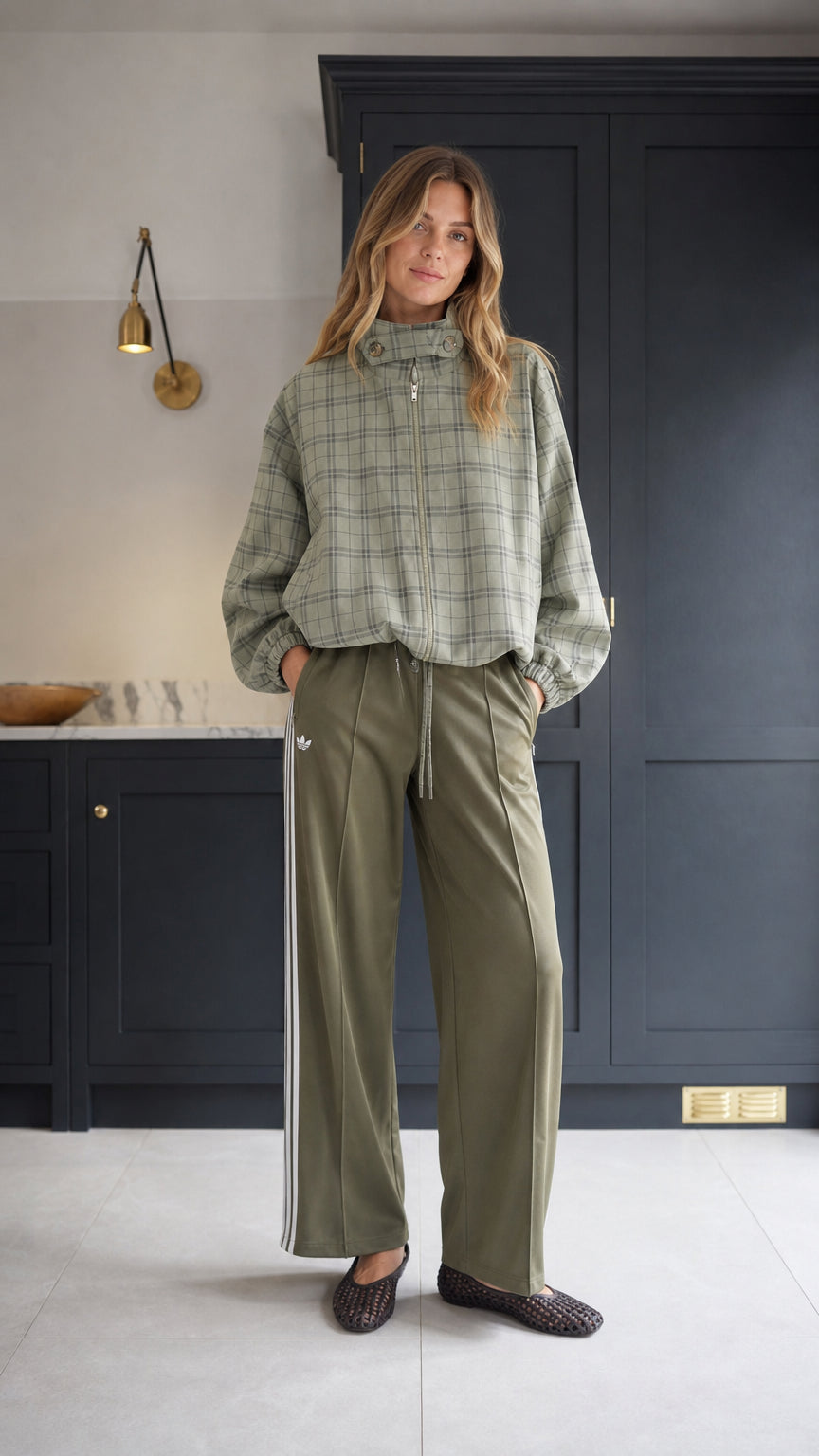 Women's sage green plaid zip-up blouson jacket front view