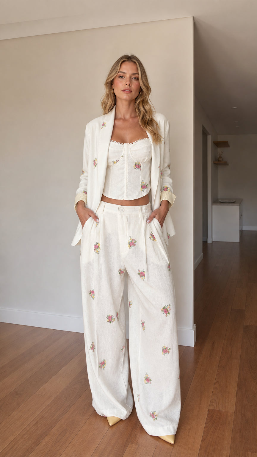Cream floral embroidered 3-piece pant suit set with corset top and wide-leg trousers front view