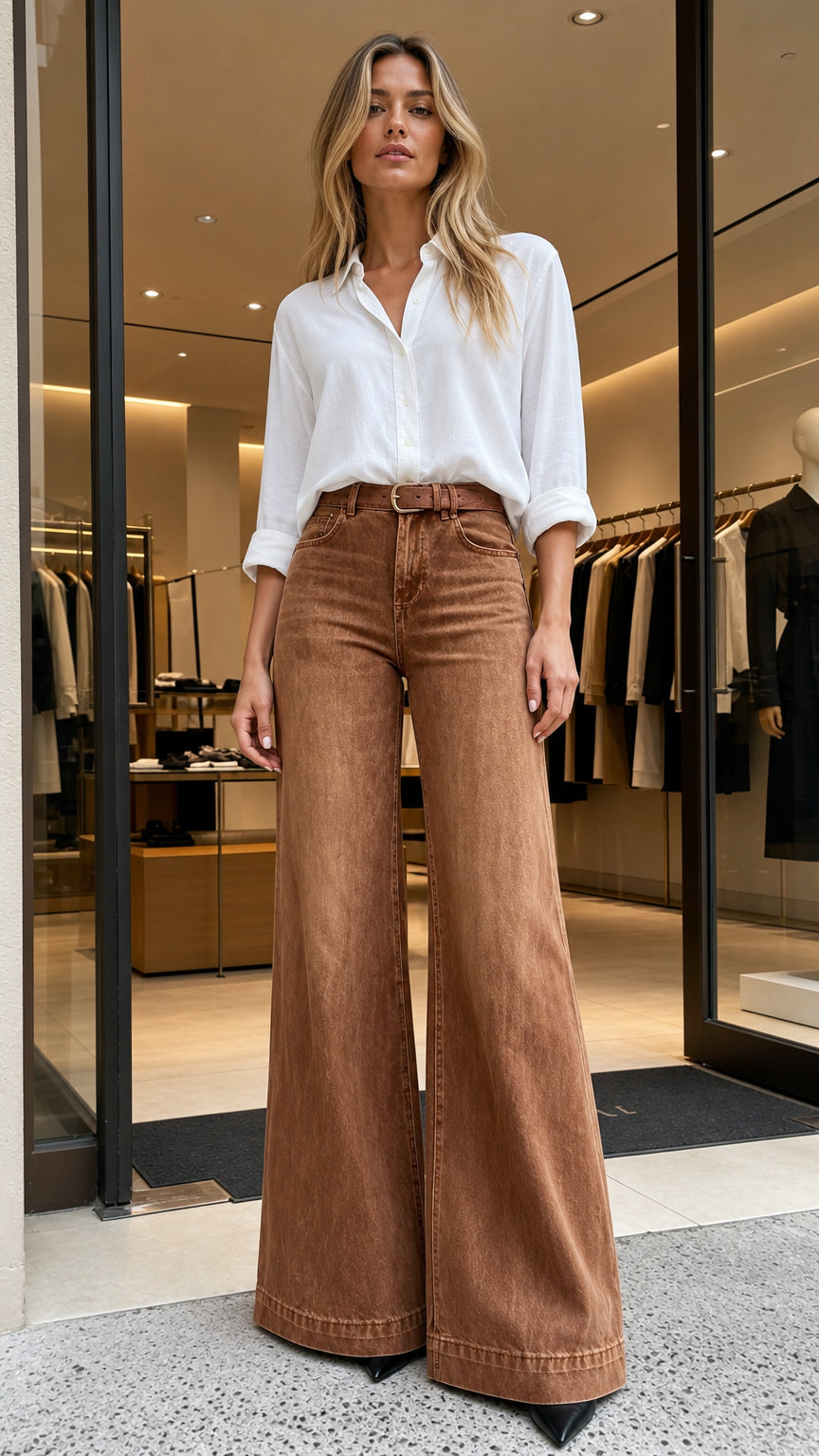 Front view of woman wearing brown high-waisted wide-leg jeans and white button-down shirt