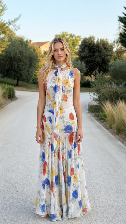 Front view of model wearing white floral print halter maxi dress