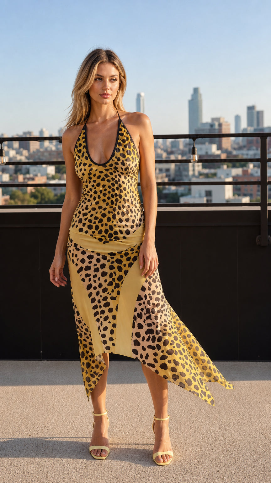 Front view of model wearing yellow leopard print halter midi dress