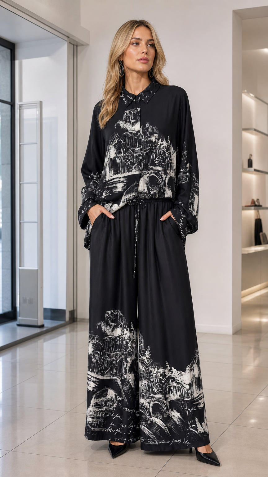 Front full view of black architectural sketch print button-down shirt and wide-leg pants set on model
