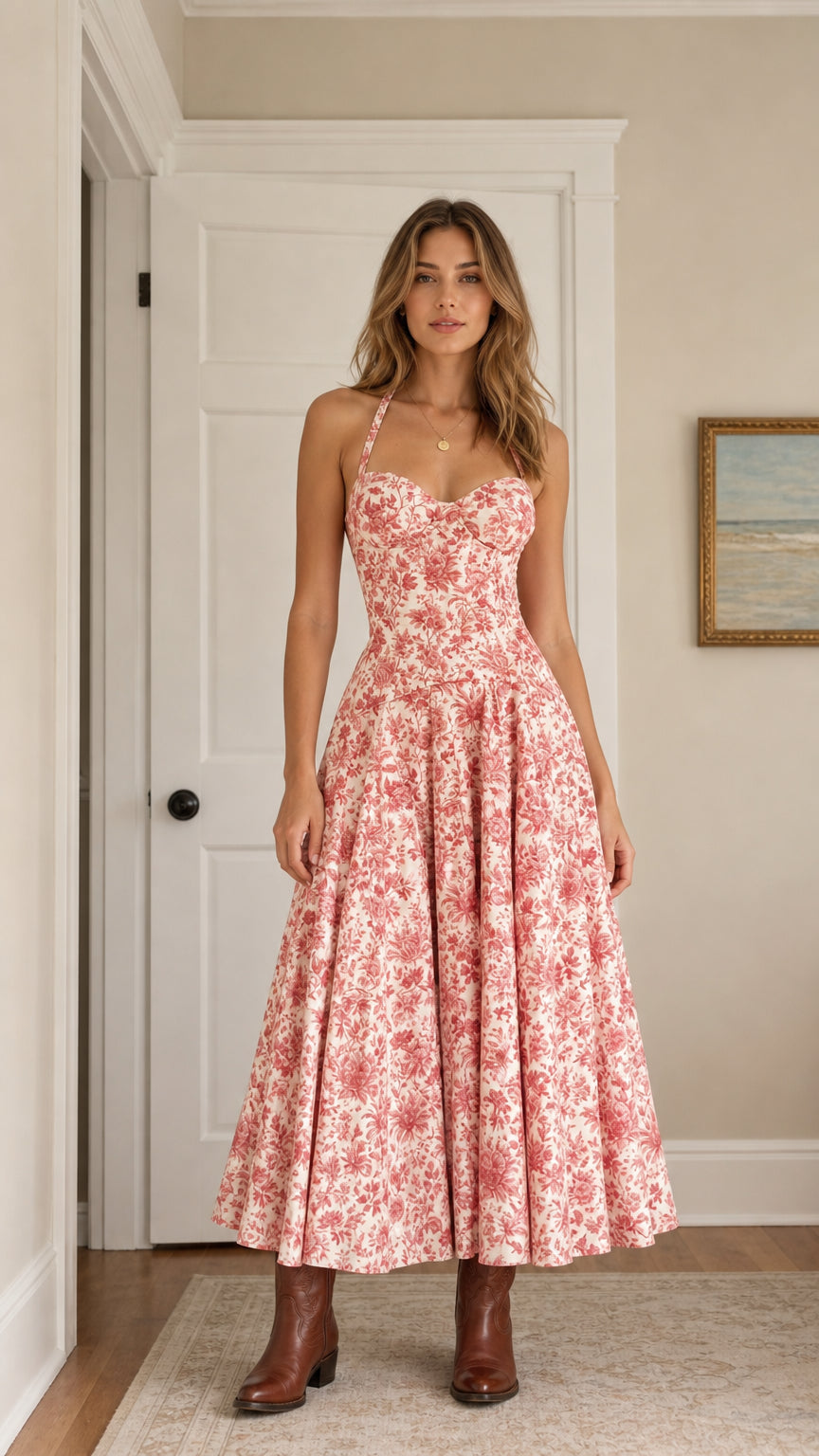 Front view of woman wearing pink floral halter midi dress with brown boots