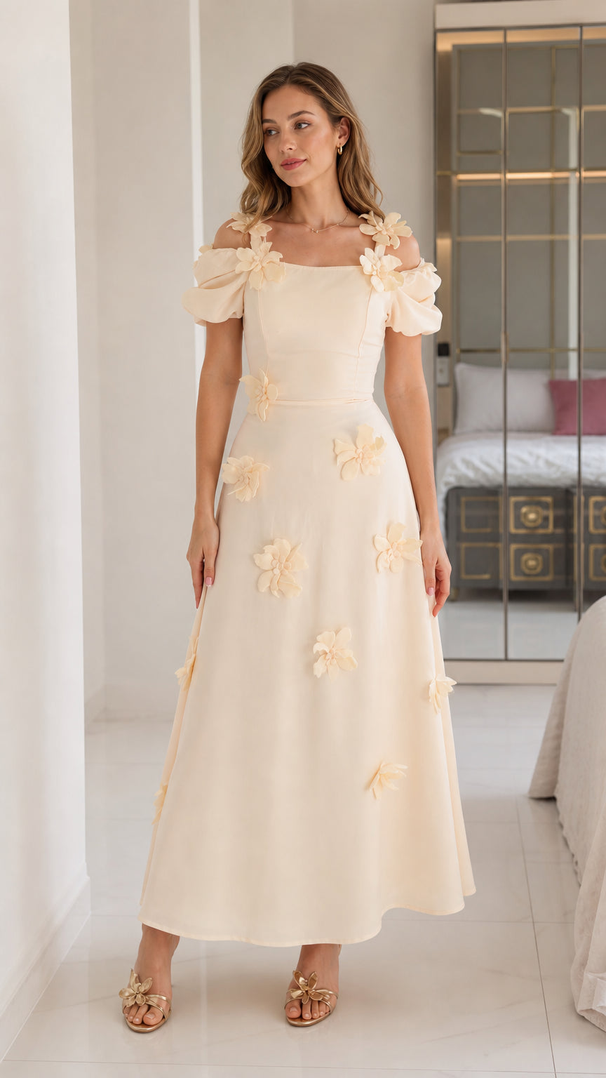 Front full view of cream floral applique cold shoulder midi dress