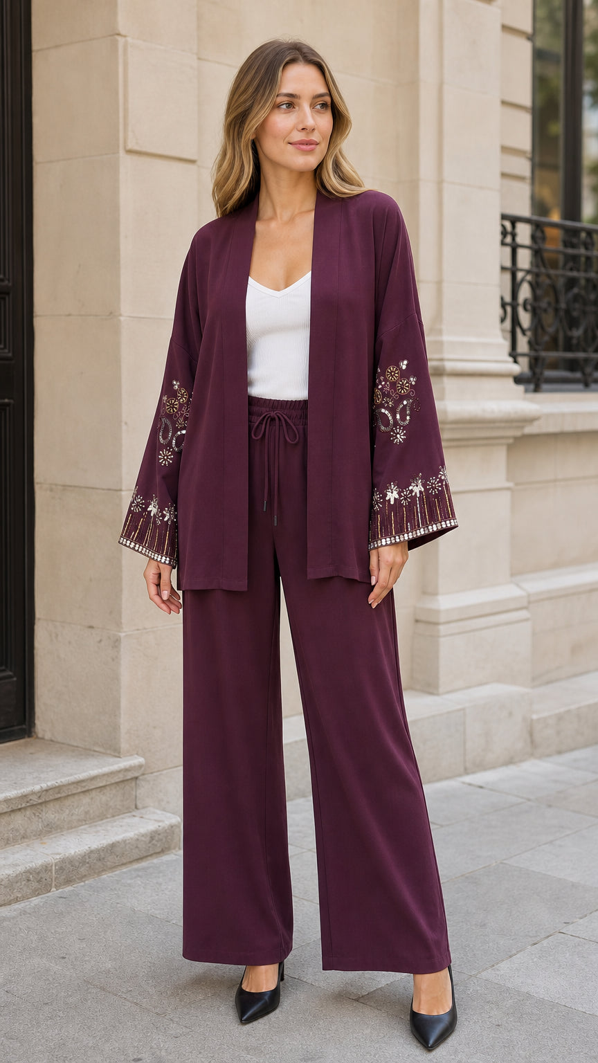 Women's embroidered open front cardigan and wide leg pant set in plum