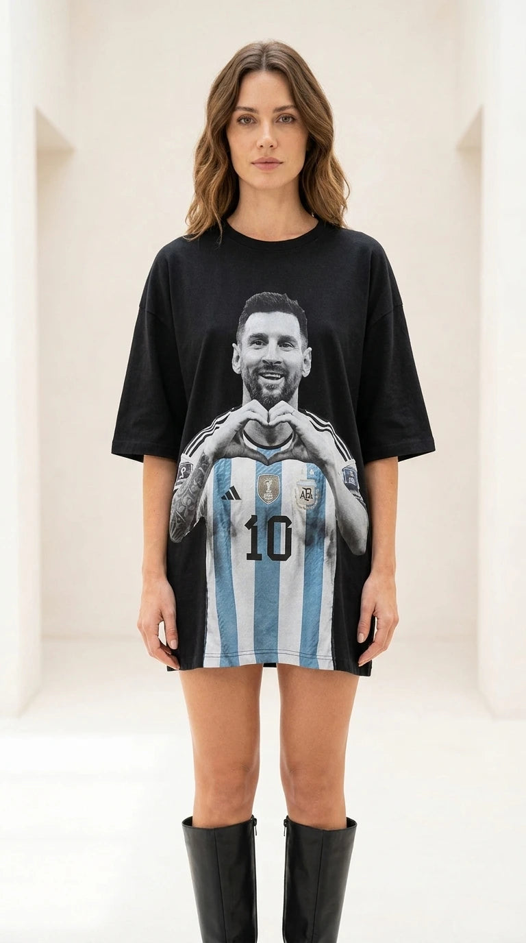 Front view of black graphic t-shirt dress with knee-high boots