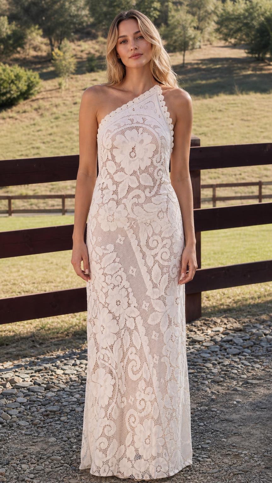Front view of model wearing white one-shoulder floral lace maxi dress