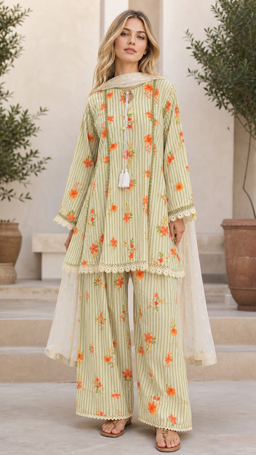 Front view of Sage Green floral tunic and palazzo set with dupatta