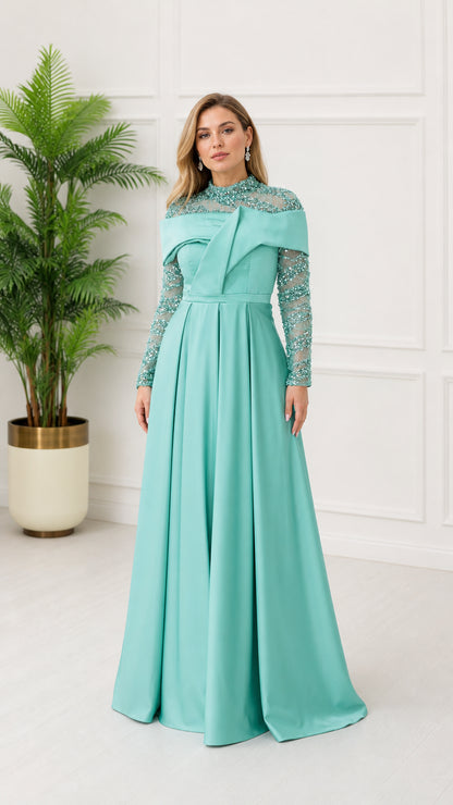 Front view of mint long sleeve evening dress with sequin bodice