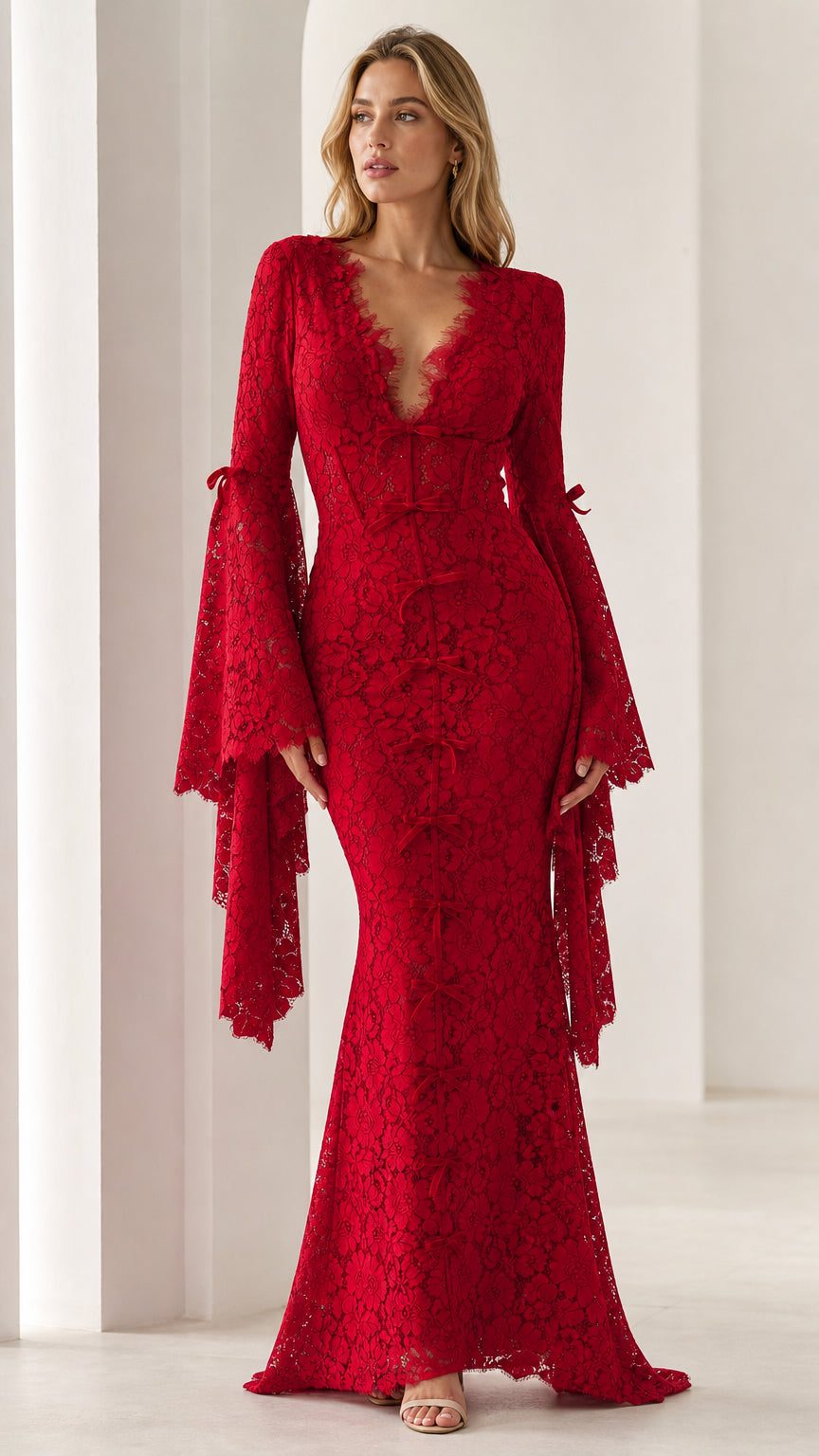 Front view of model wearing red lace maxi dress with flared sleeves