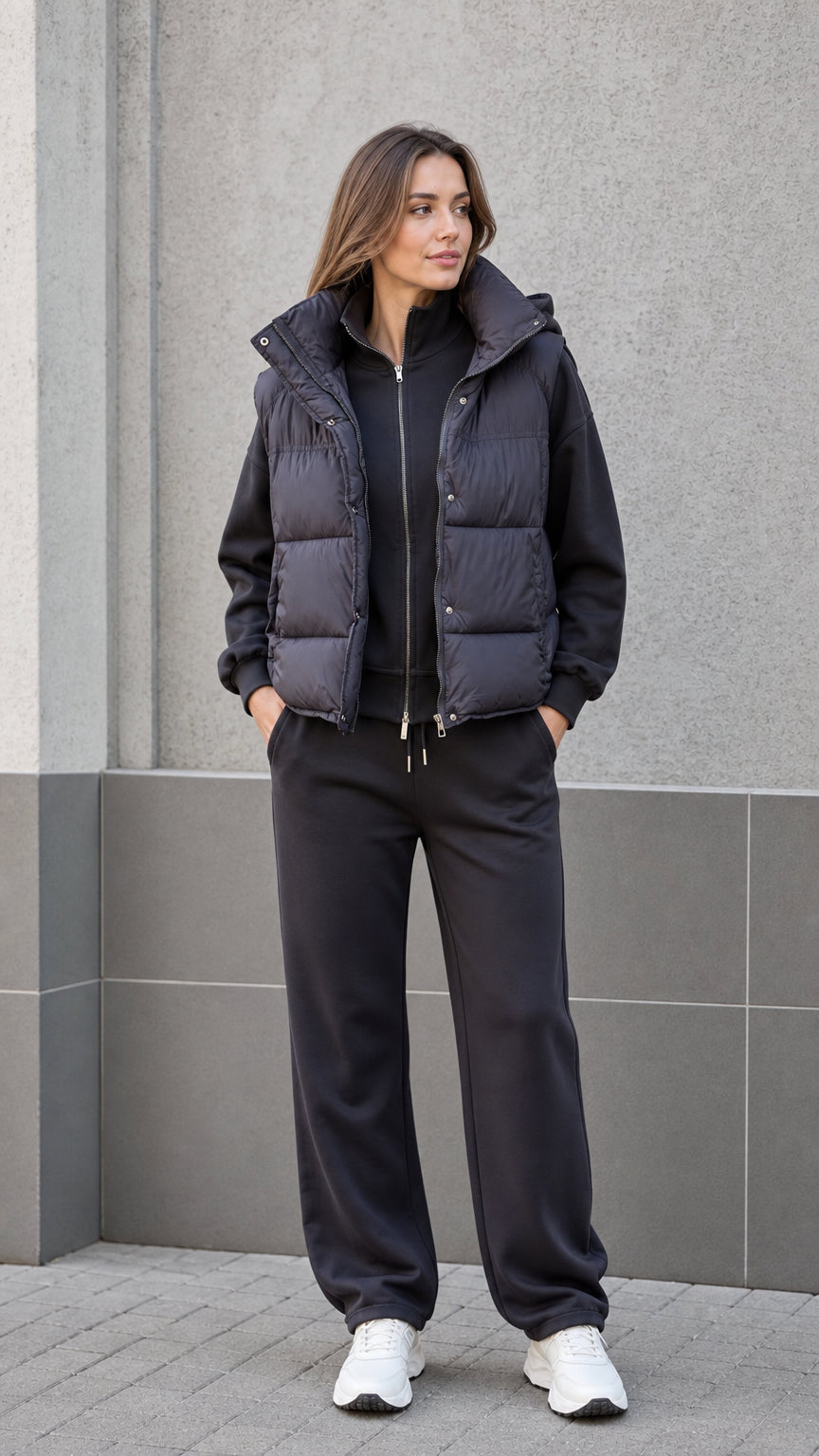 Front view of woman wearing black hooded puffer vest with matching tracksuit