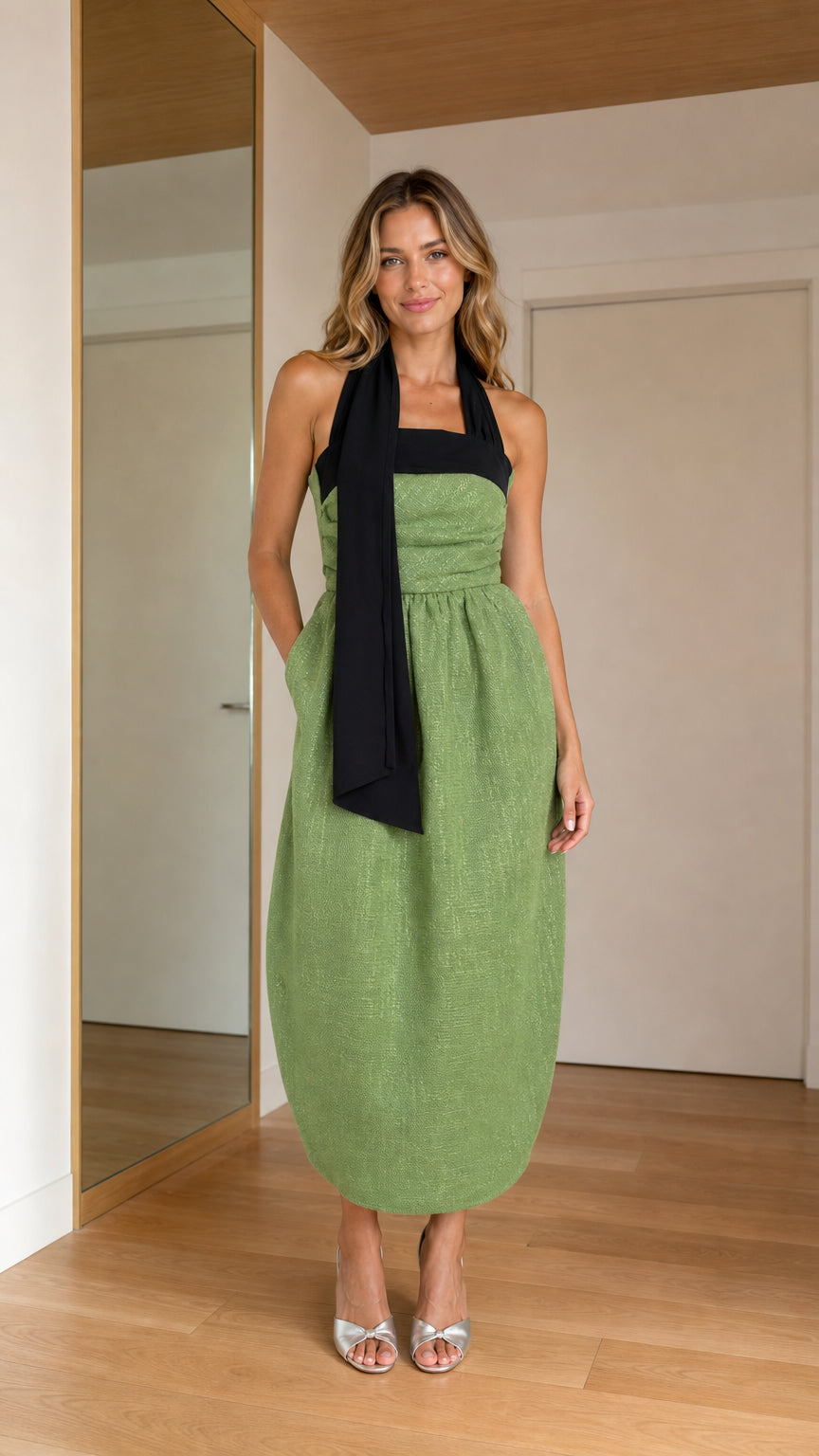 Front view of woman wearing sage green contrast halter tie cocoon midi dress