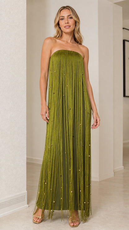 Olive green strapless beaded fringe maxi dress on model front view