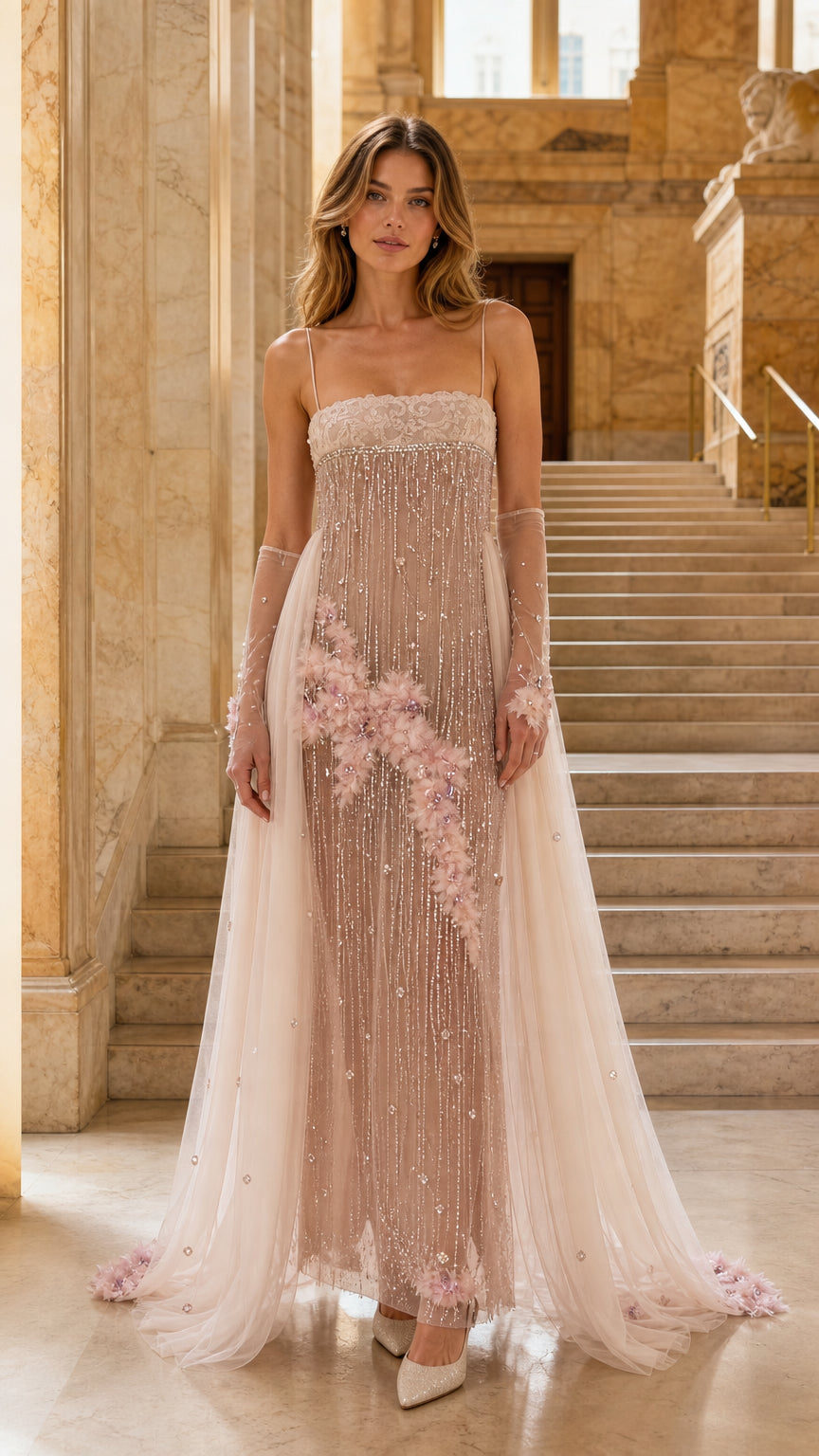 Blush embellished floor-length evening gown with floral appliqué and flowing train, front view