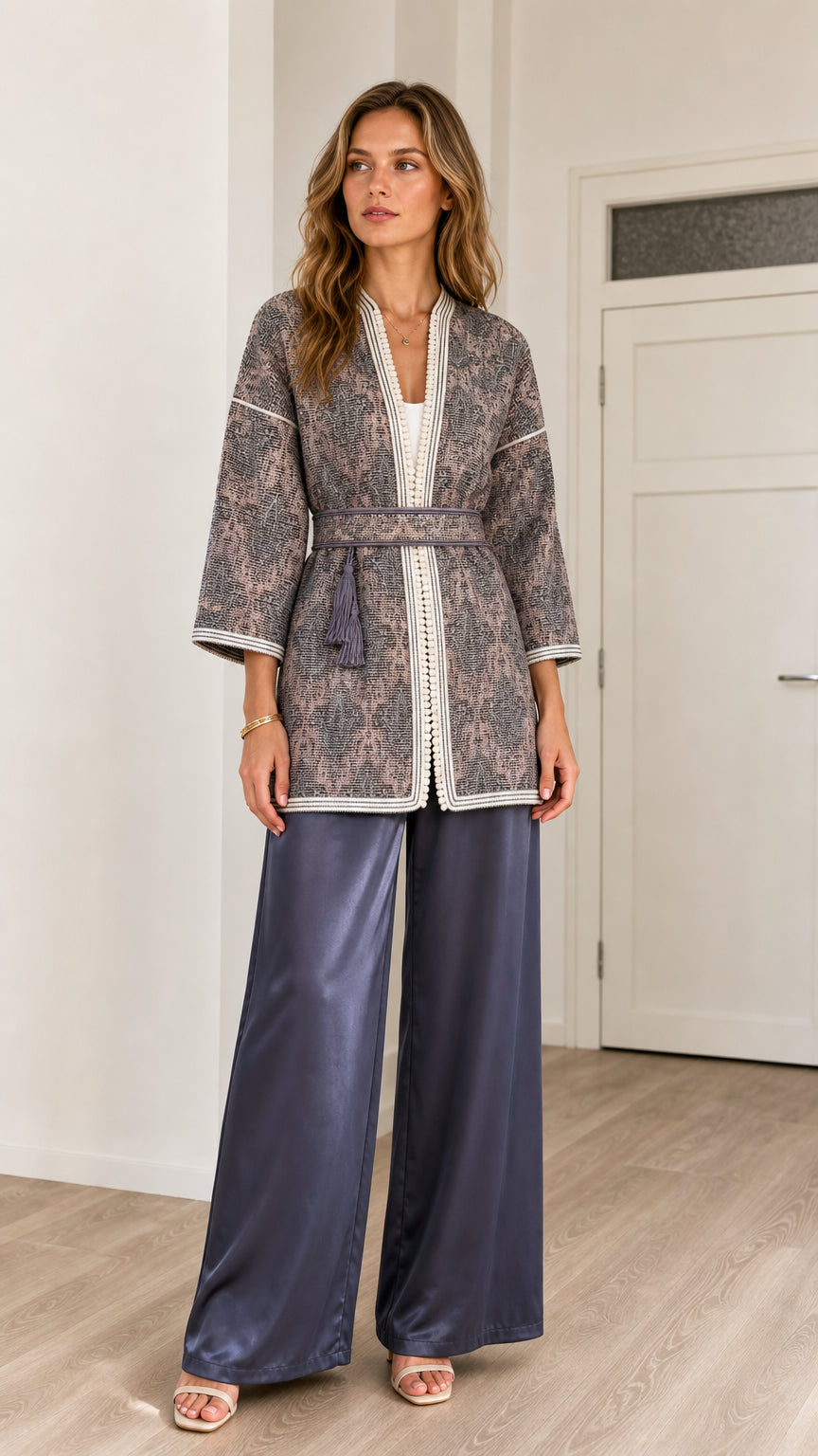 Front full-length view of model wearing Slate Grey jacquard belted kimono cardigan with wide-leg satin trousers
