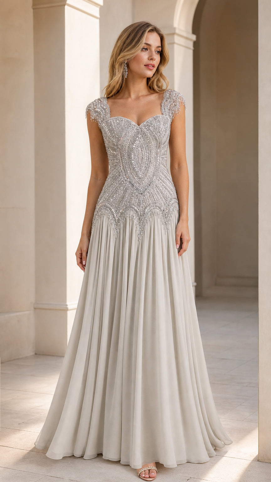 Silver embellished sweetheart floor-length evening gown shown from the front