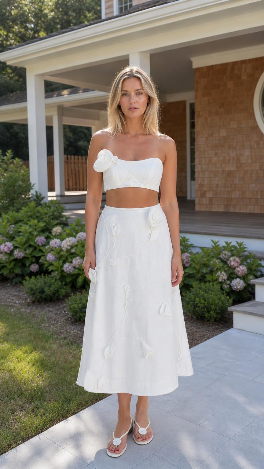 Front view of woman wearing white floral applique two-piece set