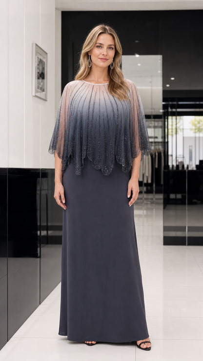 Front view of charcoal grey ombre beaded capelet evening dress