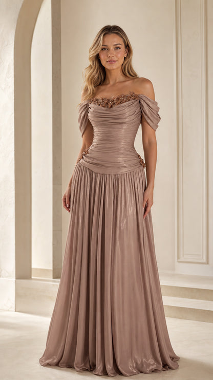 Full front view of taupe off-shoulder pleated evening gown with beaded neckline