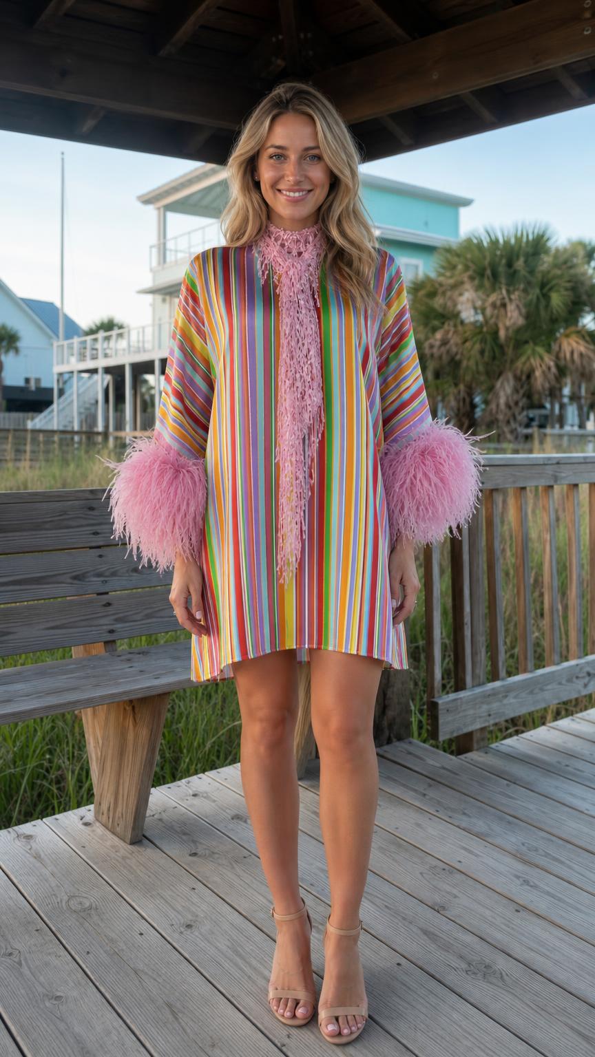 Front view of model wearing vibrant multi-color striped dress with pink feather cuffs