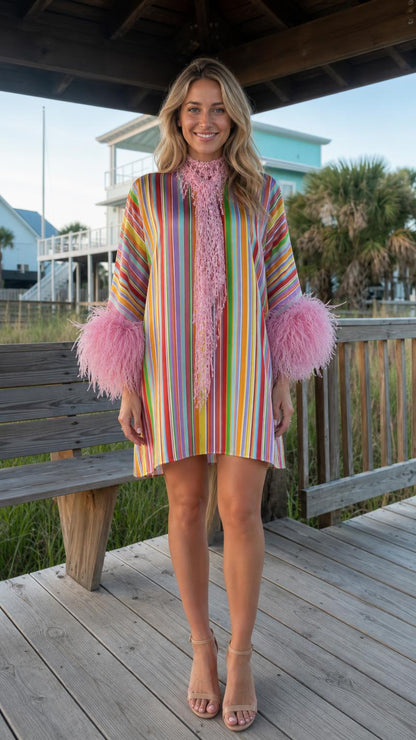 Front view of model wearing vibrant multi-color striped dress with pink feather cuffs
