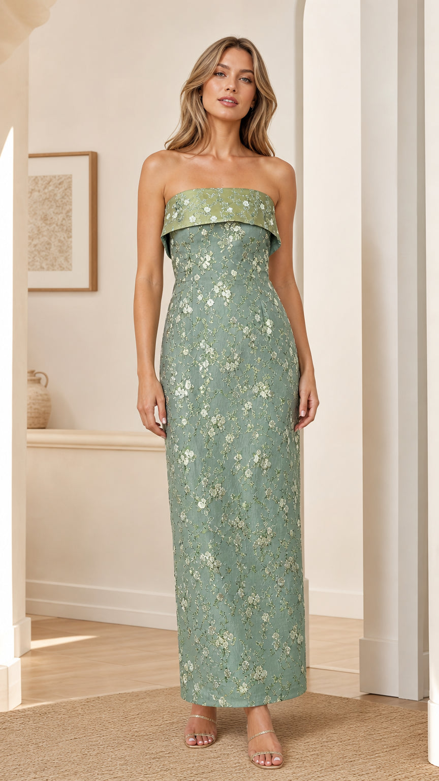Front view of model wearing sage strapless floral embroidered maxi dress