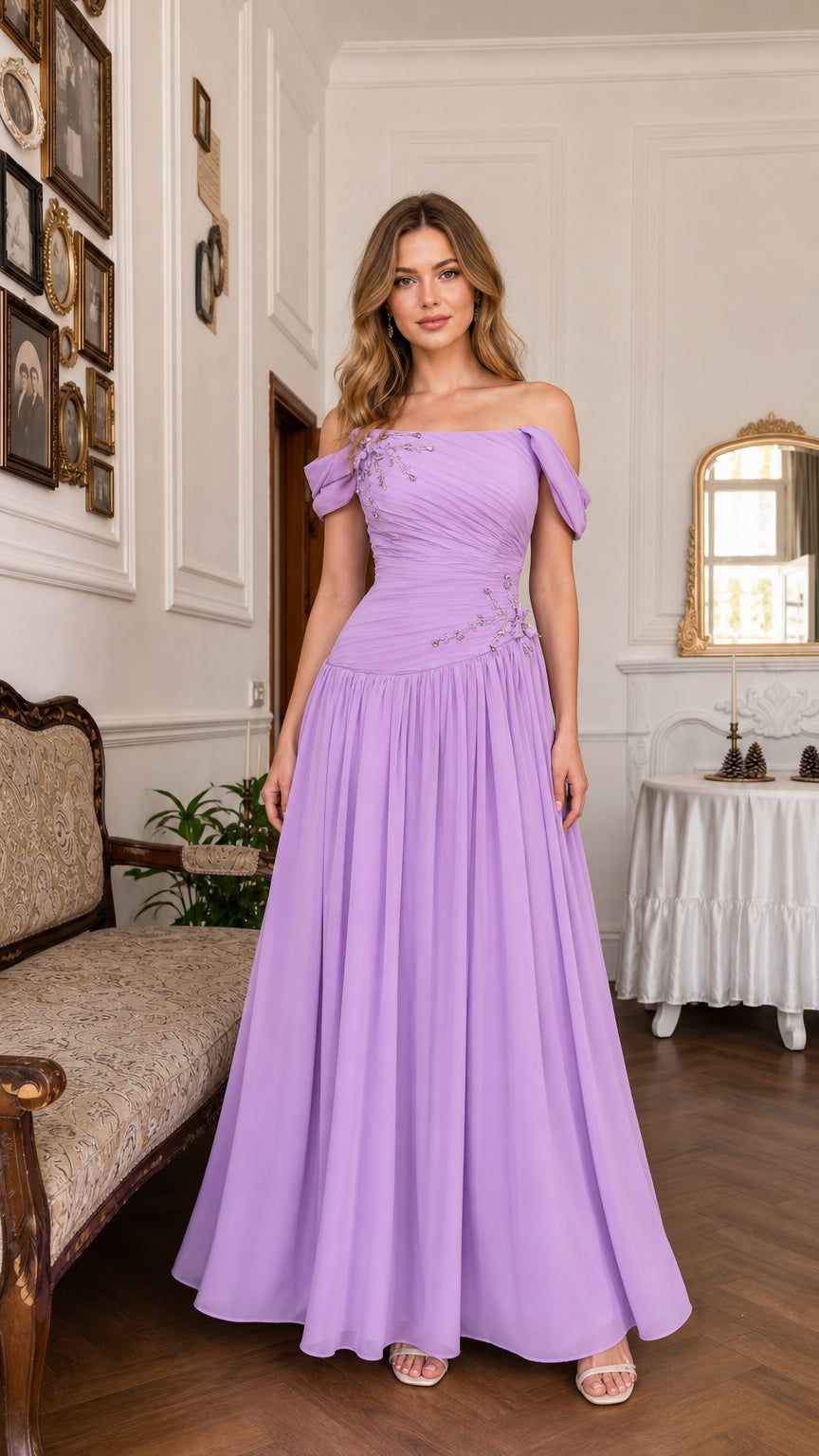 Lavender off-the-shoulder ruched chiffon evening dress front view