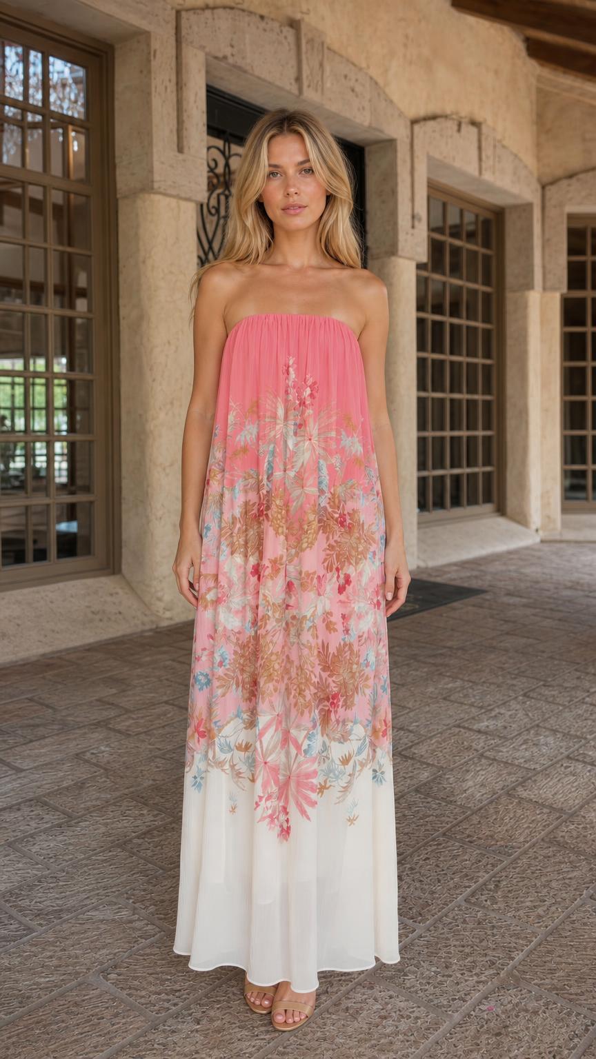 Front view of model wearing pink floral strapless maxi dress