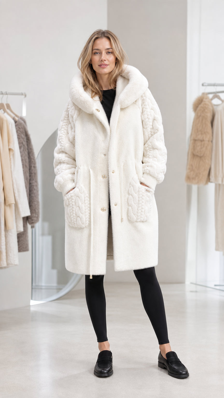 Ivory women's hooded faux fur coat shown from the front with textured sleeves and pockets