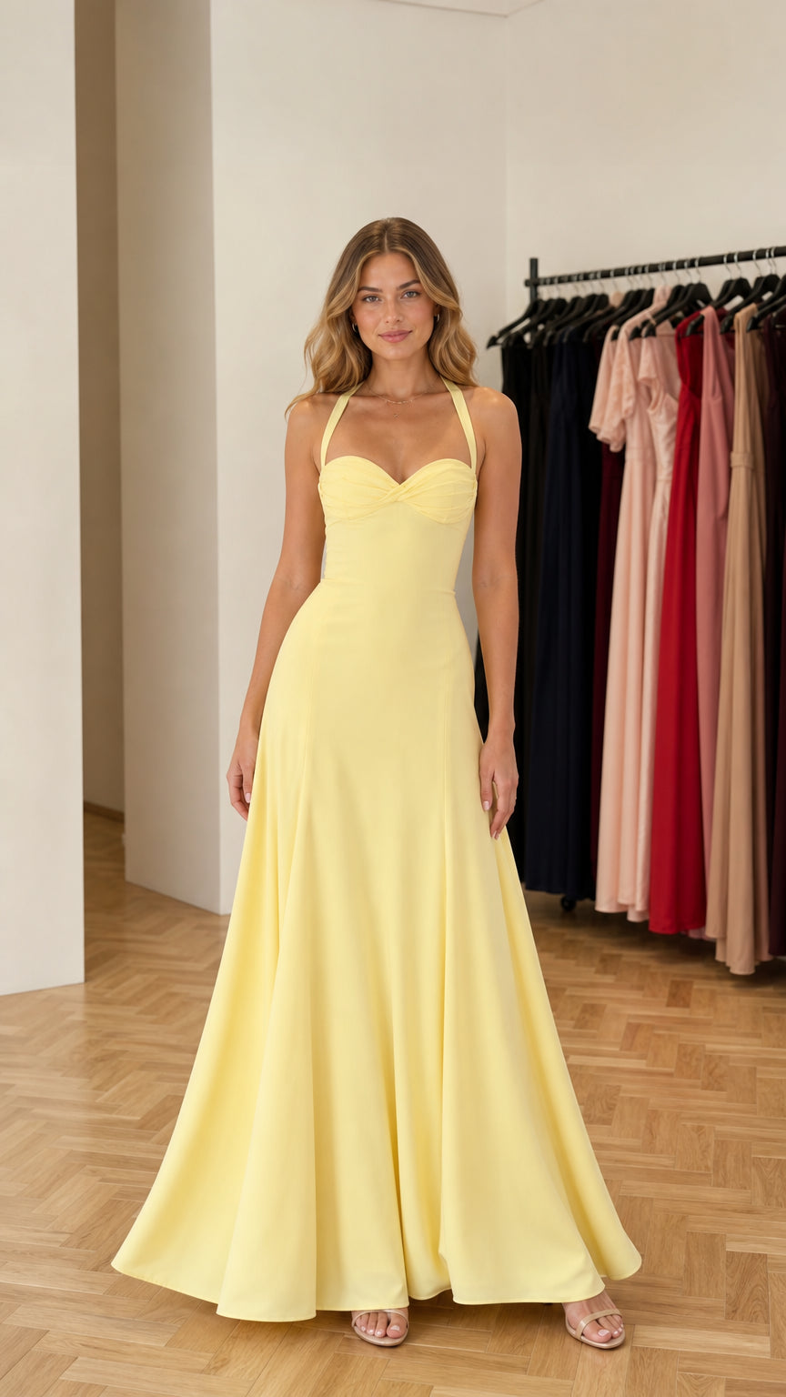 Model wearing yellow halter neck maxi dress from the front