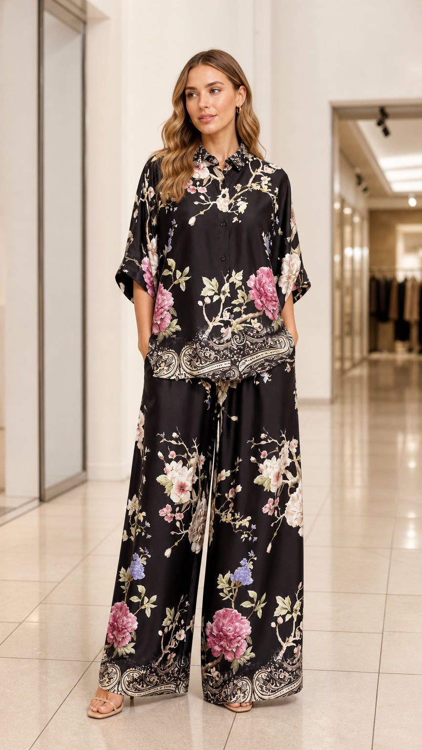 Model wearing black floral satin shirt and wide leg matching pants set front view