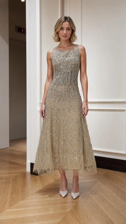 Champagne embellished sleeveless A-line midi dress shown from the front