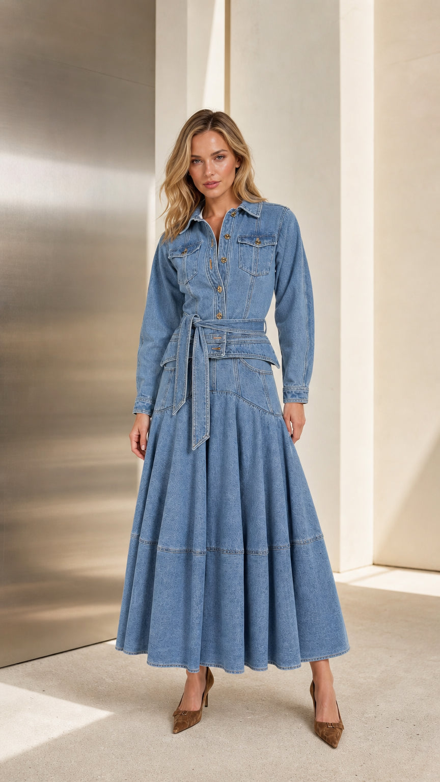 Front view of model wearing Light Blue long sleeve denim maxi shirt dress with belt