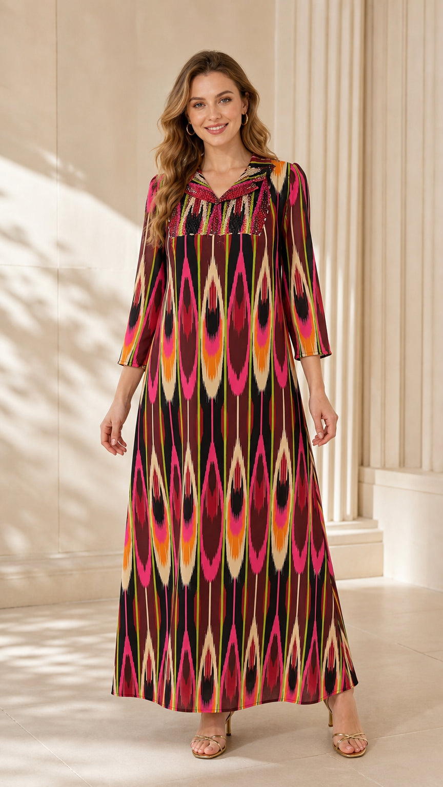 Front view of model wearing Burgundy Multi ikat print embellished split neck maxi dress