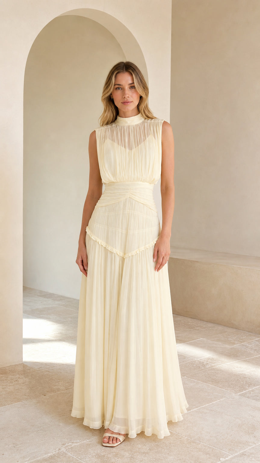 Front view of model wearing cream high-neck pleated chiffon maxi dress