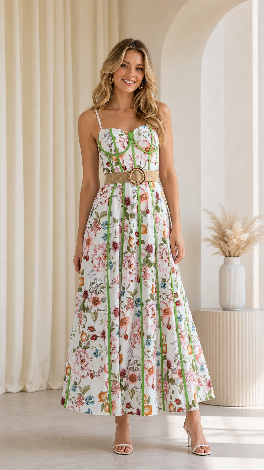 Front view of model wearing white floral corset maxi dress with belt