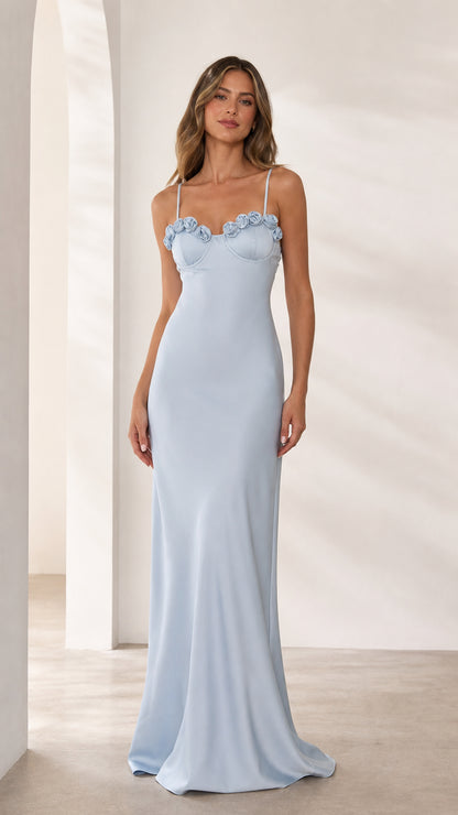 Front view of light blue rose embellished satin maxi dress