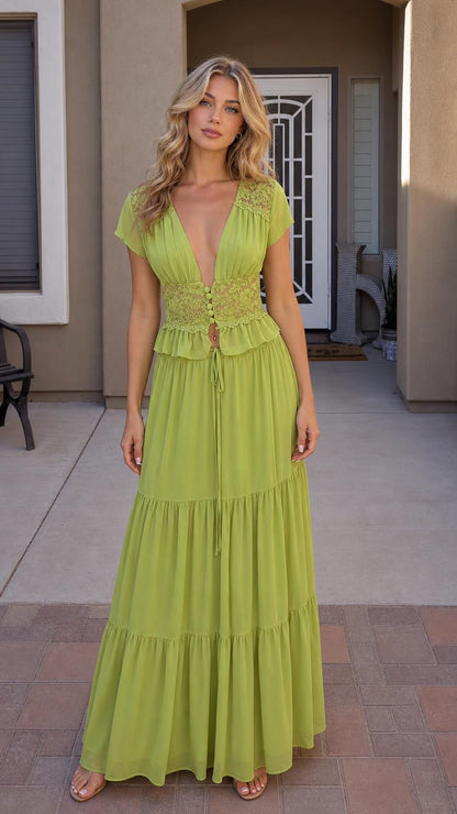 Front view of green V-neck lace panel tiered maxi dress