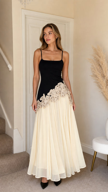 Front full view of Black elegance applique asymmetric long dress