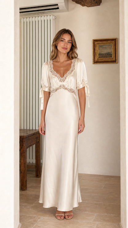 Front view of model wearing Champagne satin lace trim maxi dress