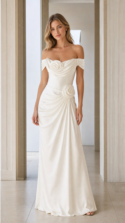 Front view of white off-shoulder ruched satin maxi dress