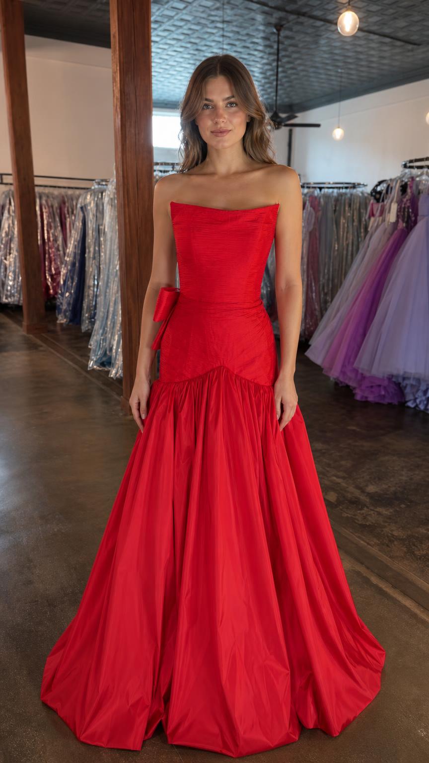 Front view of red strapless evening gown with side bow
