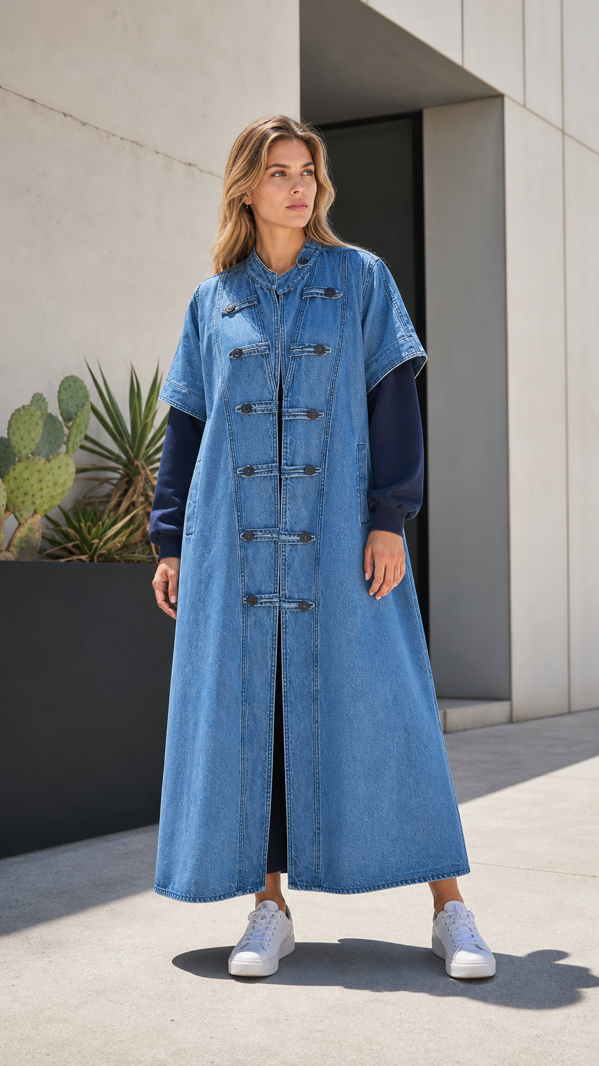 Full front view of medium blue denim maxi duster vest coat