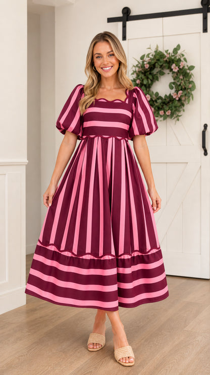 Front view of model wearing burgundy striped midi dress