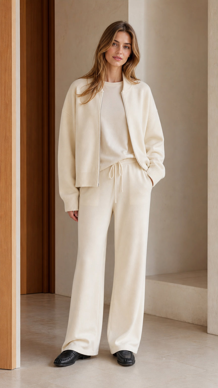 Full front view of model wearing cream 3-piece knit lounge set with zip cardigan and wide leg pants