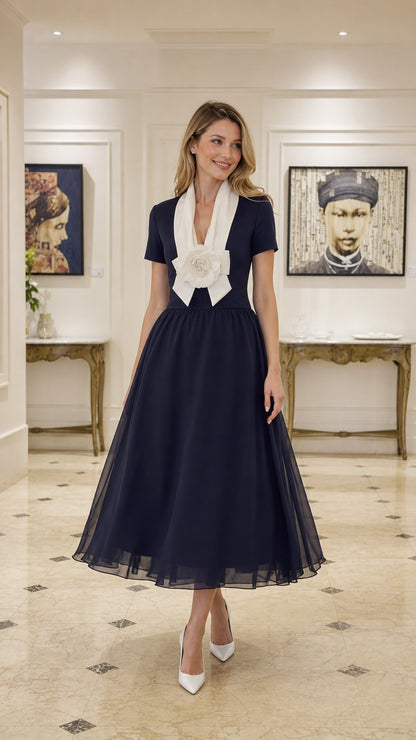 Front full view of Navy contrast collar tulle midi dress