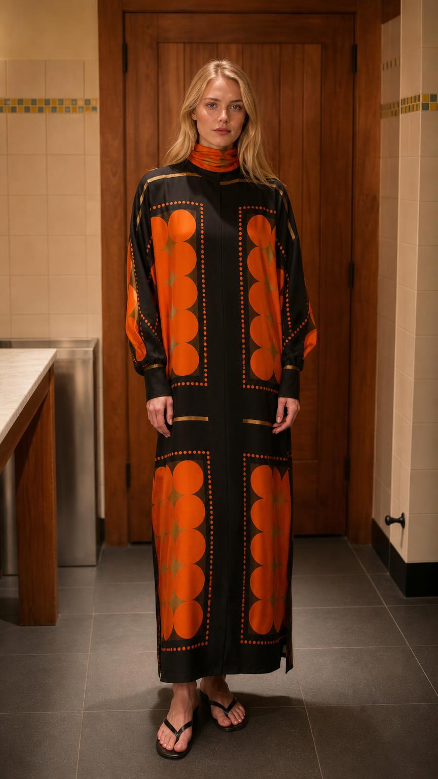 Front view of model wearing black geometric print long sleeve maxi dress