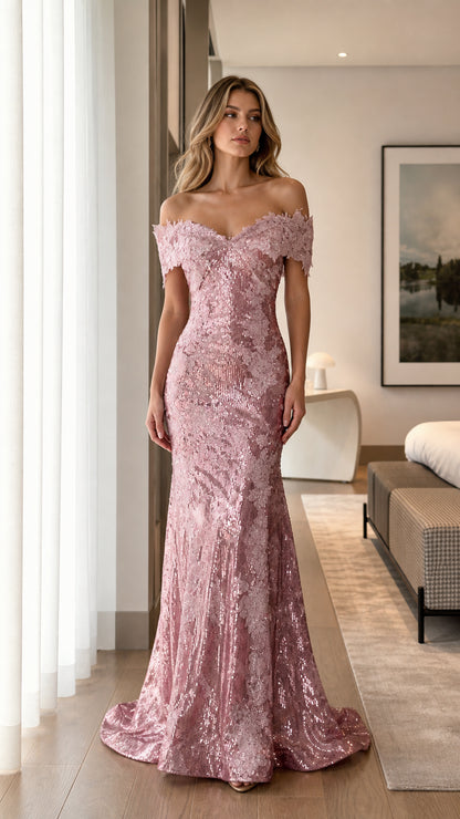 Front view of pink off-shoulder sequin mermaid gown