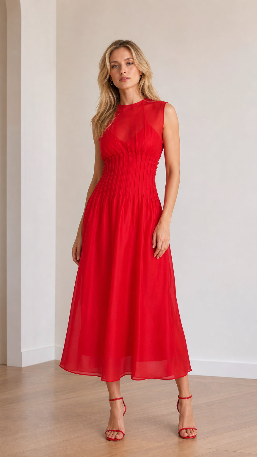 Front view of model wearing red pleated waist midi dress